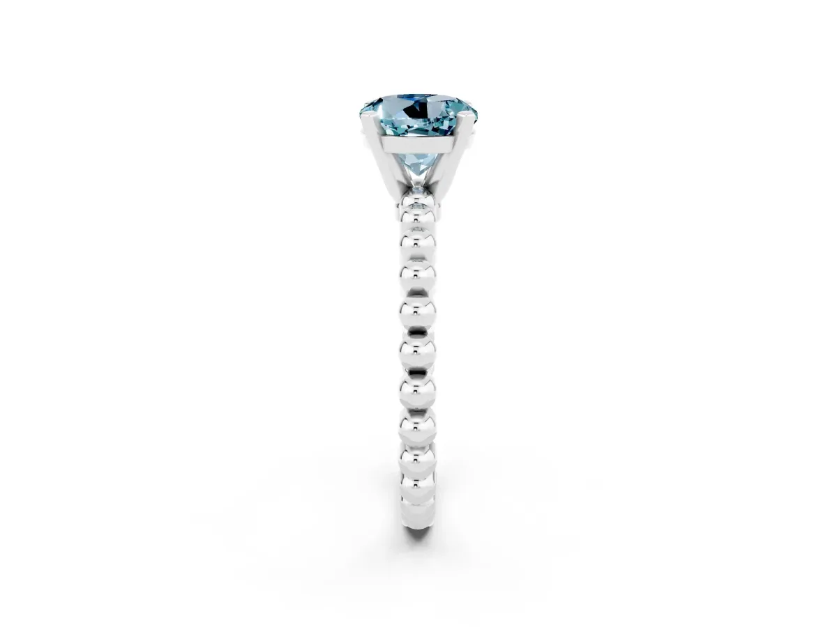 Round Cut Aquamarine Solitaire Ring with Beaded Band and Prong Setting Silver