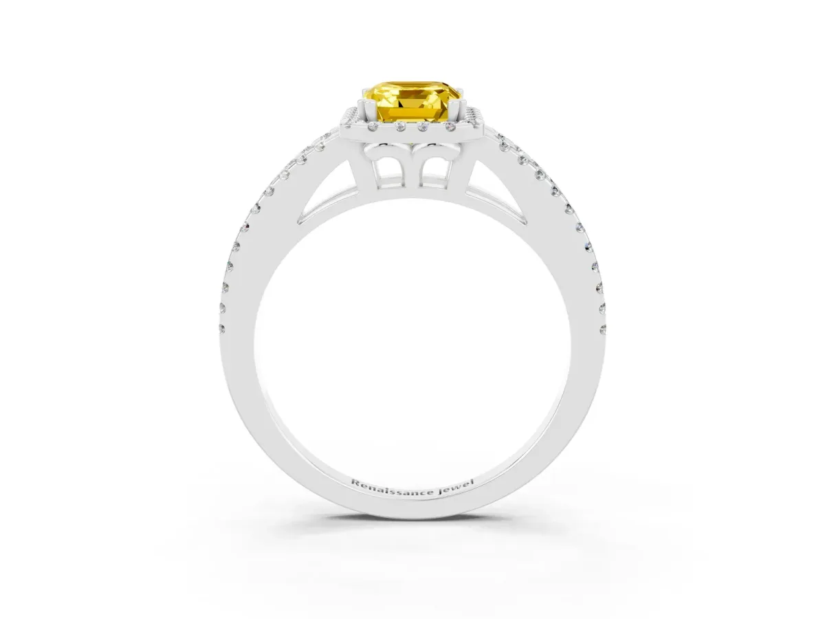 Emerald Cut Yellow Sapphire Halo Split Shank Engagement Ring Platinum