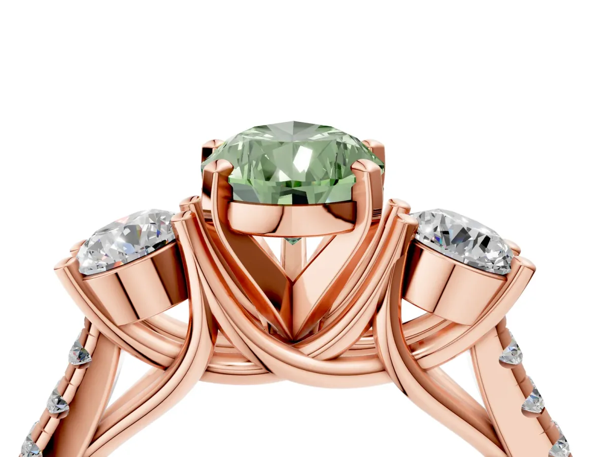 Fancy Green Three-Stone Pear Cut Diamond Pavé Band with Four-Prong Setting Rose gold