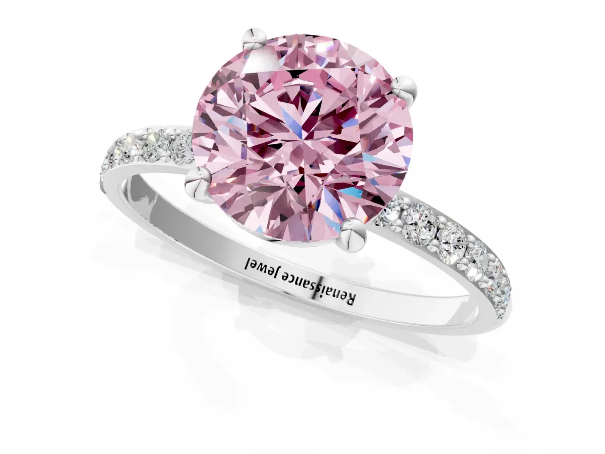 Fancy Pink Round Cut Diamond Solitaire Ring with Round Pavé Band and Prong Setting Silver