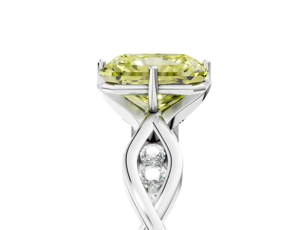 Fancy Yellow Radiant Cut Solitaire Twist Band with Leaf Prong Setting Platinum