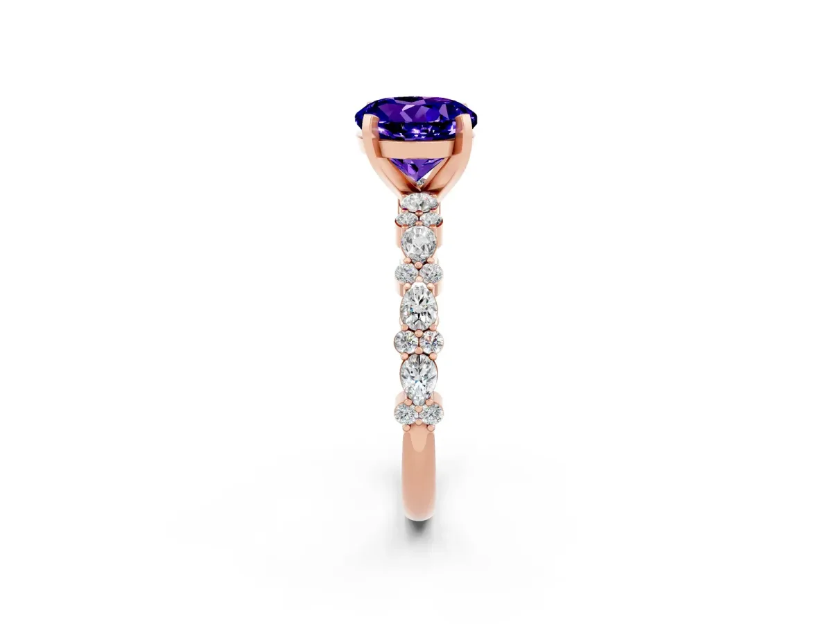 Round Cut Tanzanite Side Stone Solitaire Ring with Round and Four-Prong Setting Rose gold