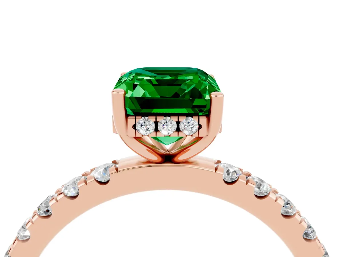Emerald Cut Emerald Pave Band Solitaire Ring with Round and Prong Setting Rose gold