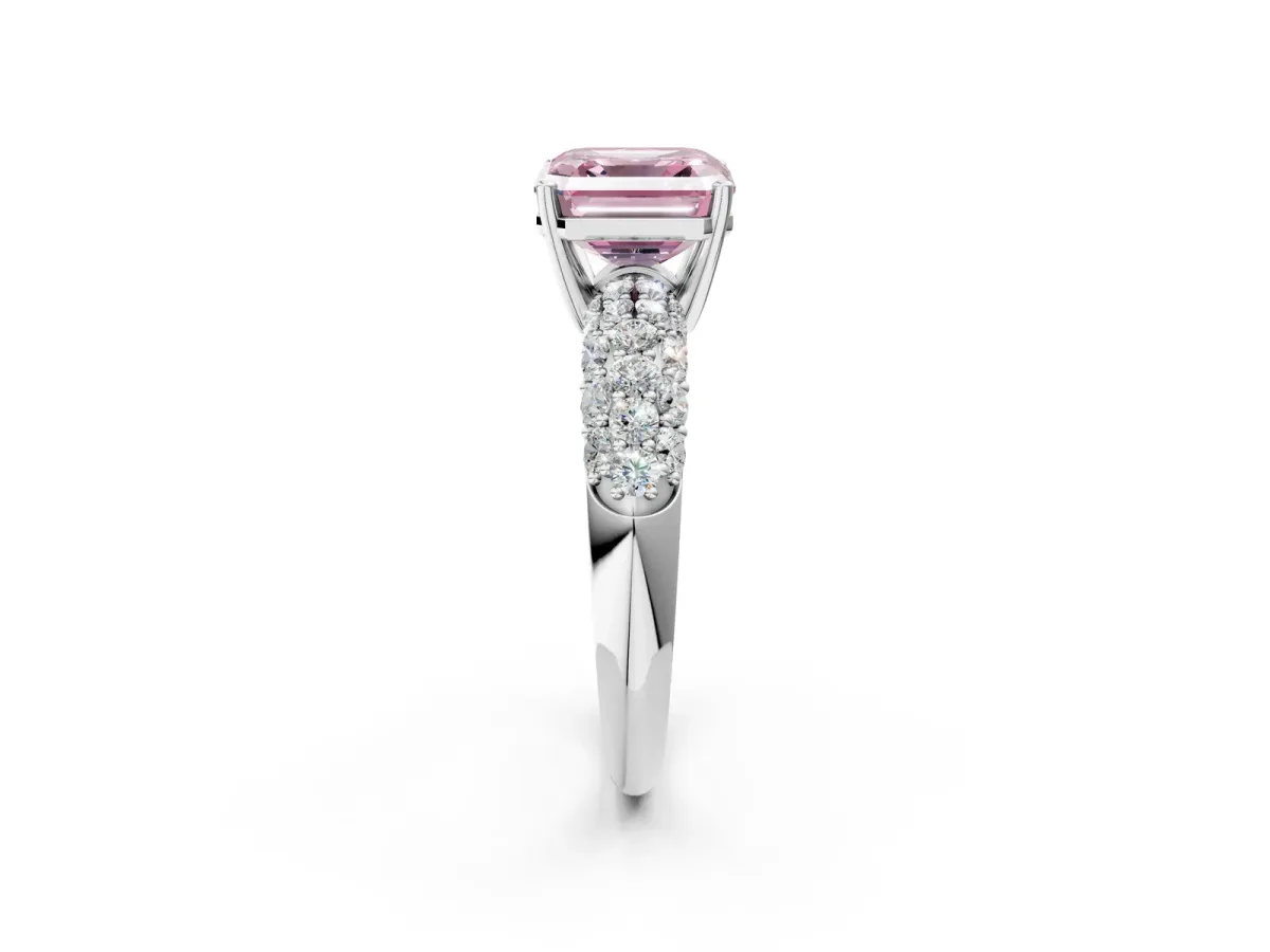 Fancy Pink Asscher Cut Diamond Pavé Band Solitaire Ring with Four-Prong Setting Platinum