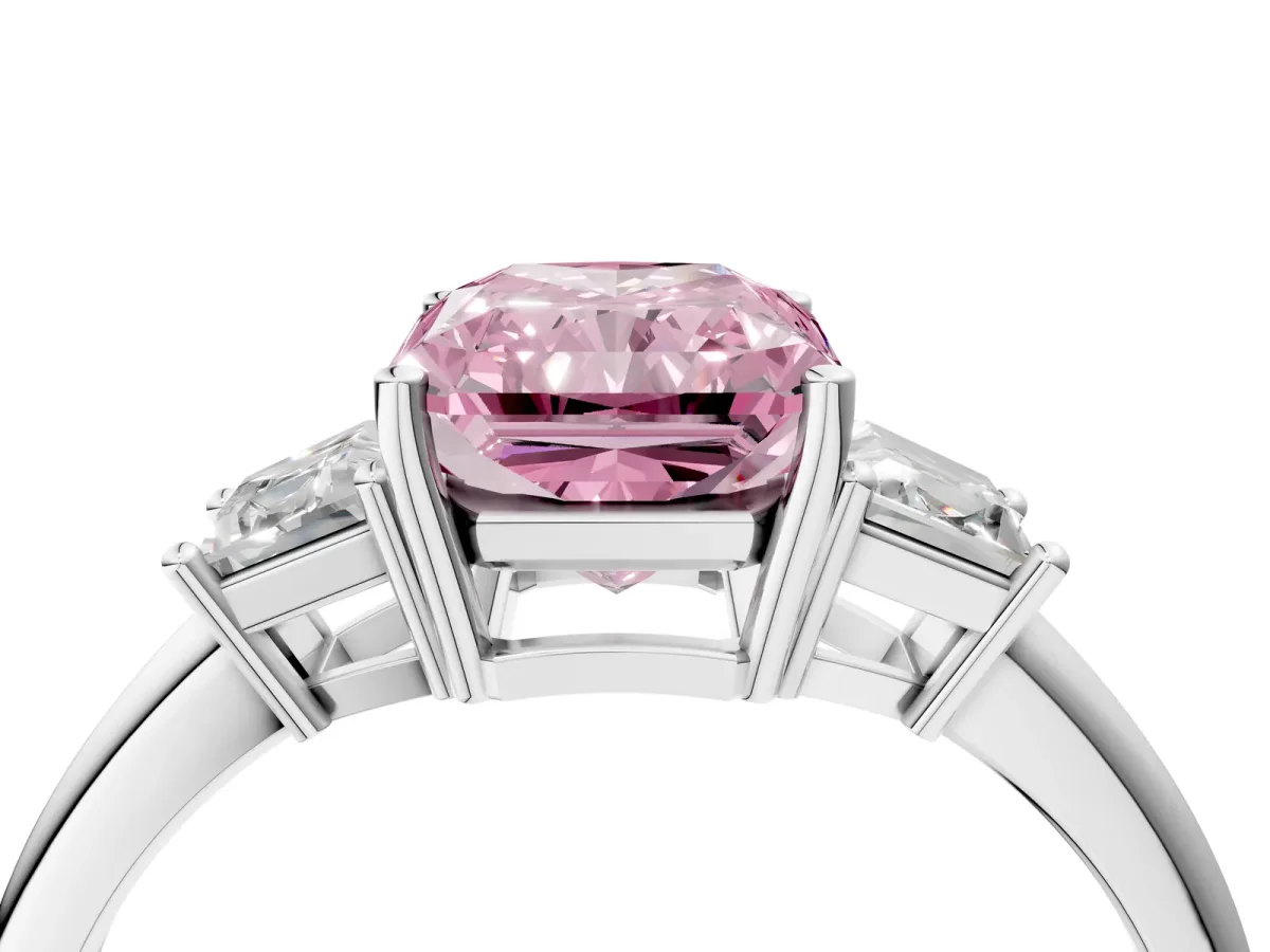 Fancy Pink Radiant Cut Diamond Three-Stone Ring with Trapezoid Side Stones and Prong Setting Silver
