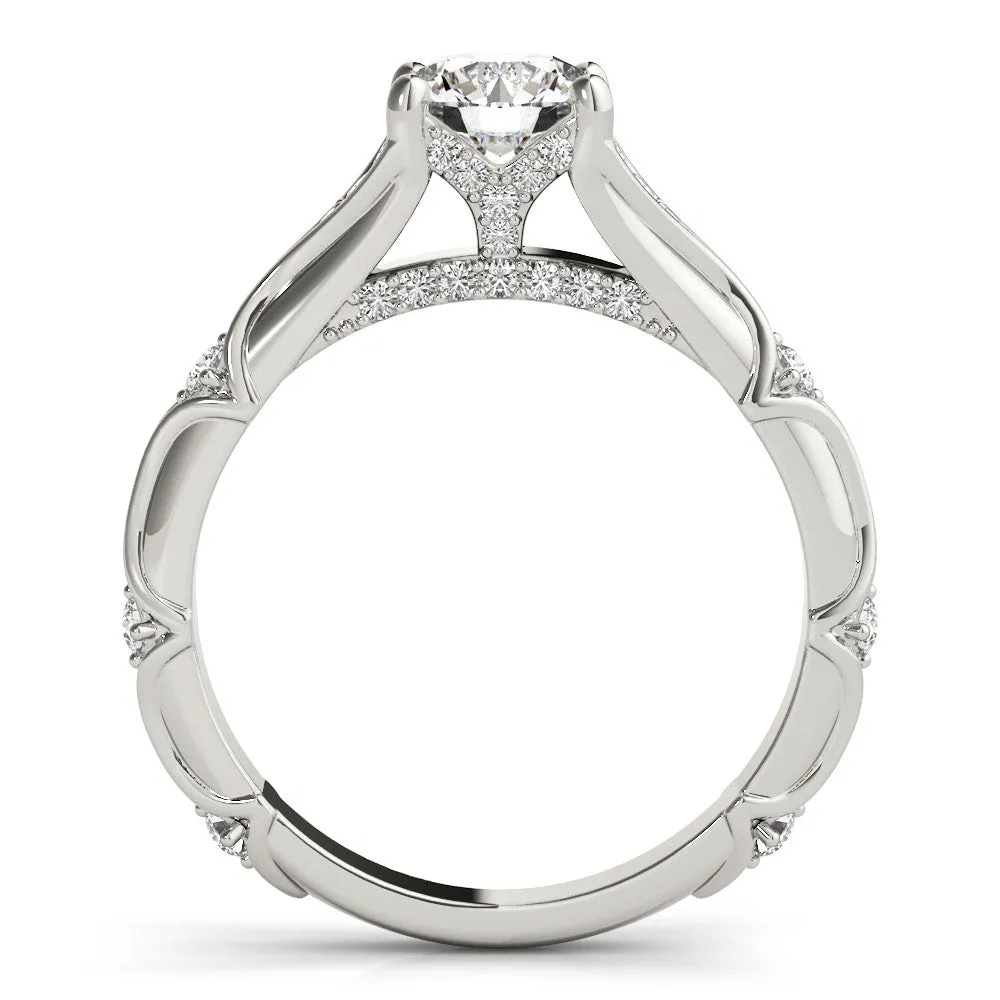 Round Cut Cut Solitaire Engagement Ring with Pave Band and Four-Prong Setting Silver