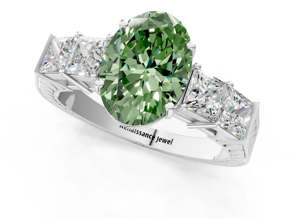 Fancy Green Oval Cut Solitaire Princess Side Stone Engraved Band Prong Setting Ring Silver