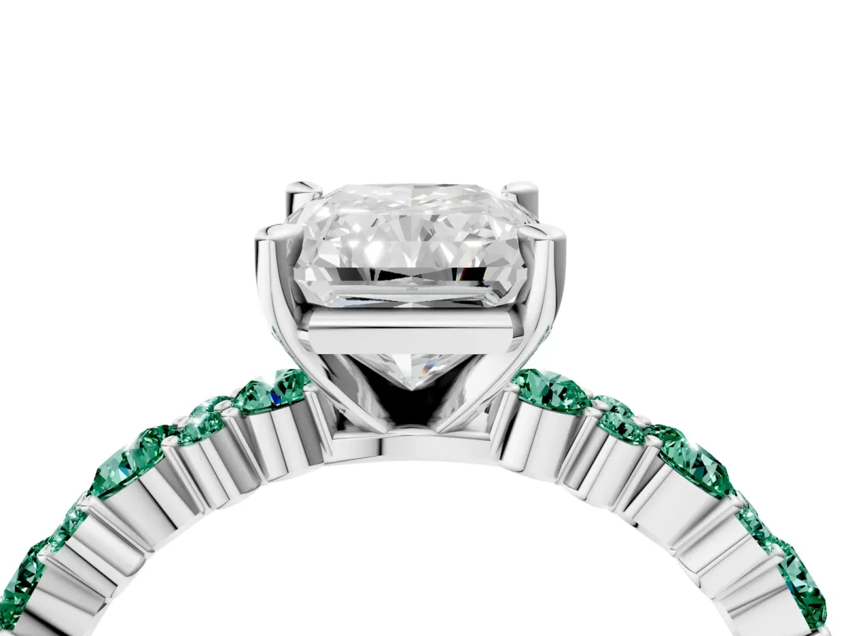 Radiant Cut Diamond Side Stone Solitaire Ring with Round Green Sapphire and Four-Prong Setting Silver