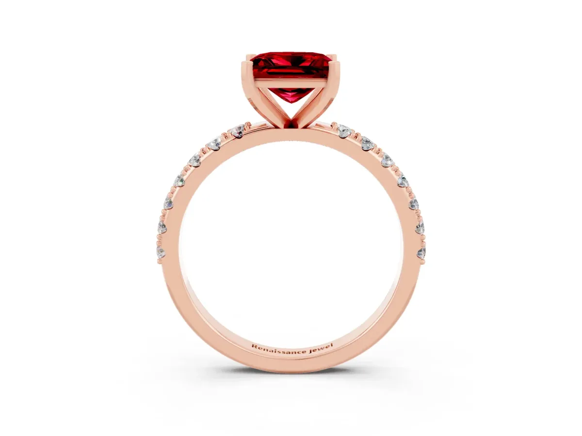 Princess Cut Ruby Solitaire Pavé Band with Four-Prong Setting Rose gold