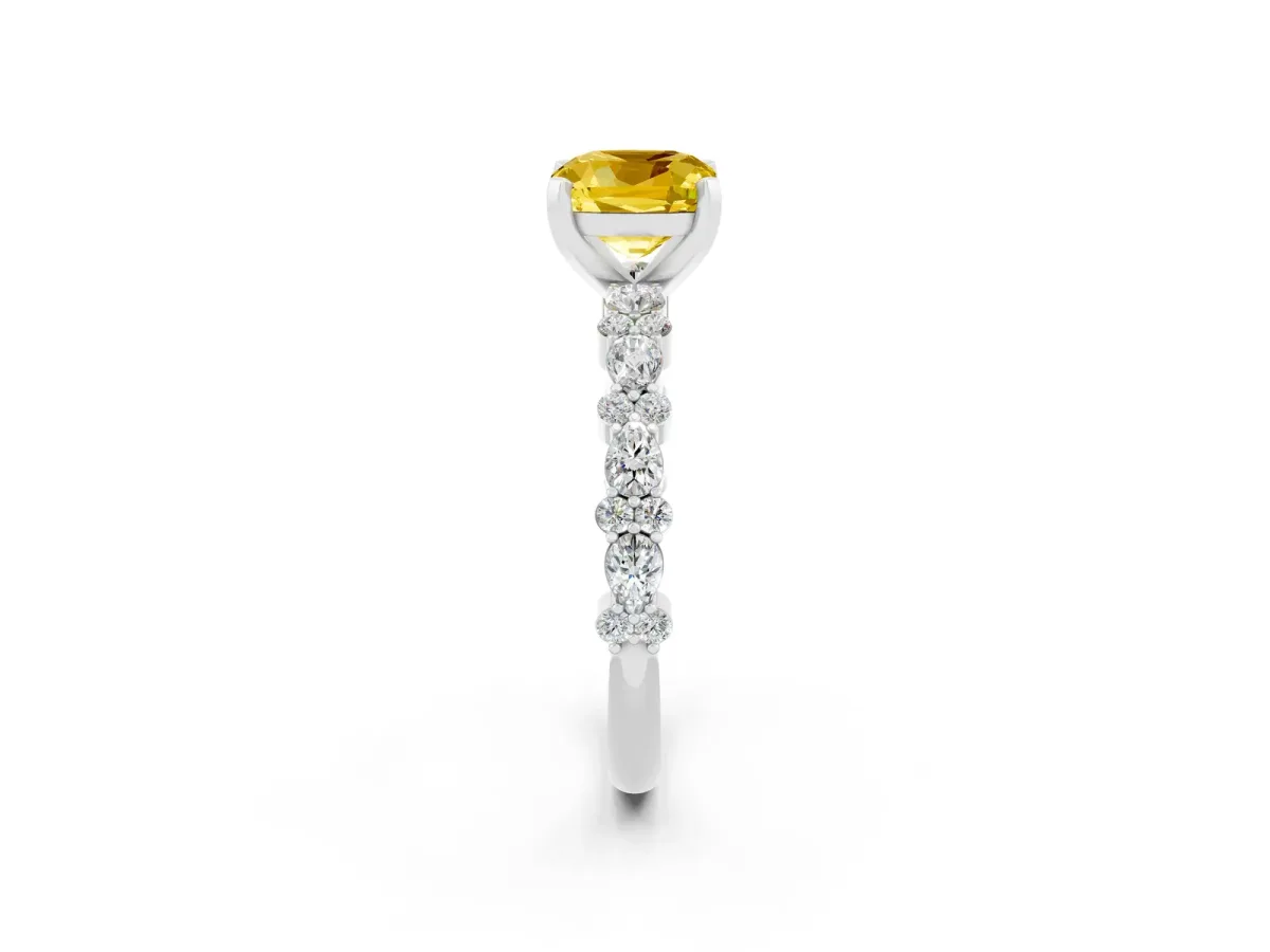 Cushion Cut Yellow Sapphire Side Stone Solitaire Ring with Round and Four-Prong Setting Platinum
