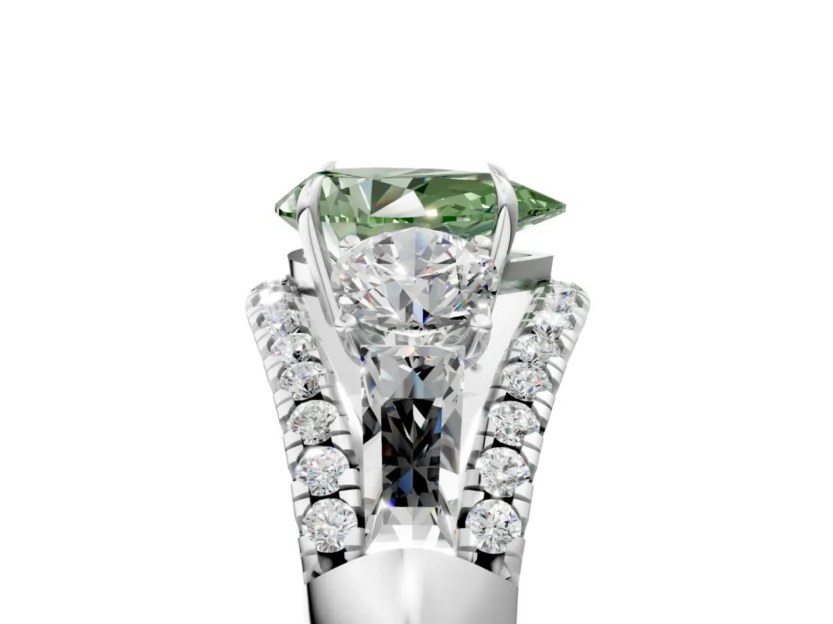 Fancy Green Three-Stone Pear Cut Diamond Engagement Ring with Pave Band and Prong Setting Platinum