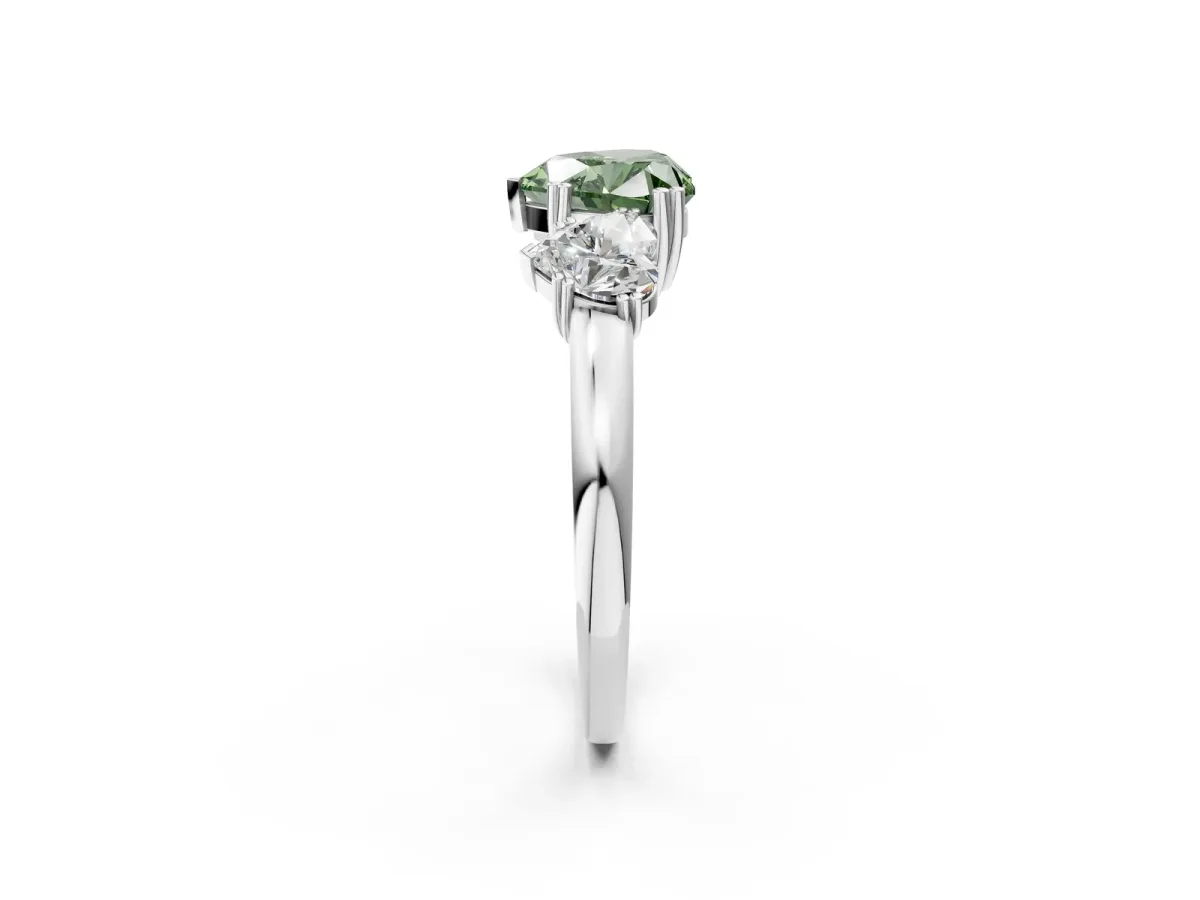 Fancy Green Three-Stone Heart Cut Cut Diamond Ring with Channel Set Band and Four-Prong Setting Silver