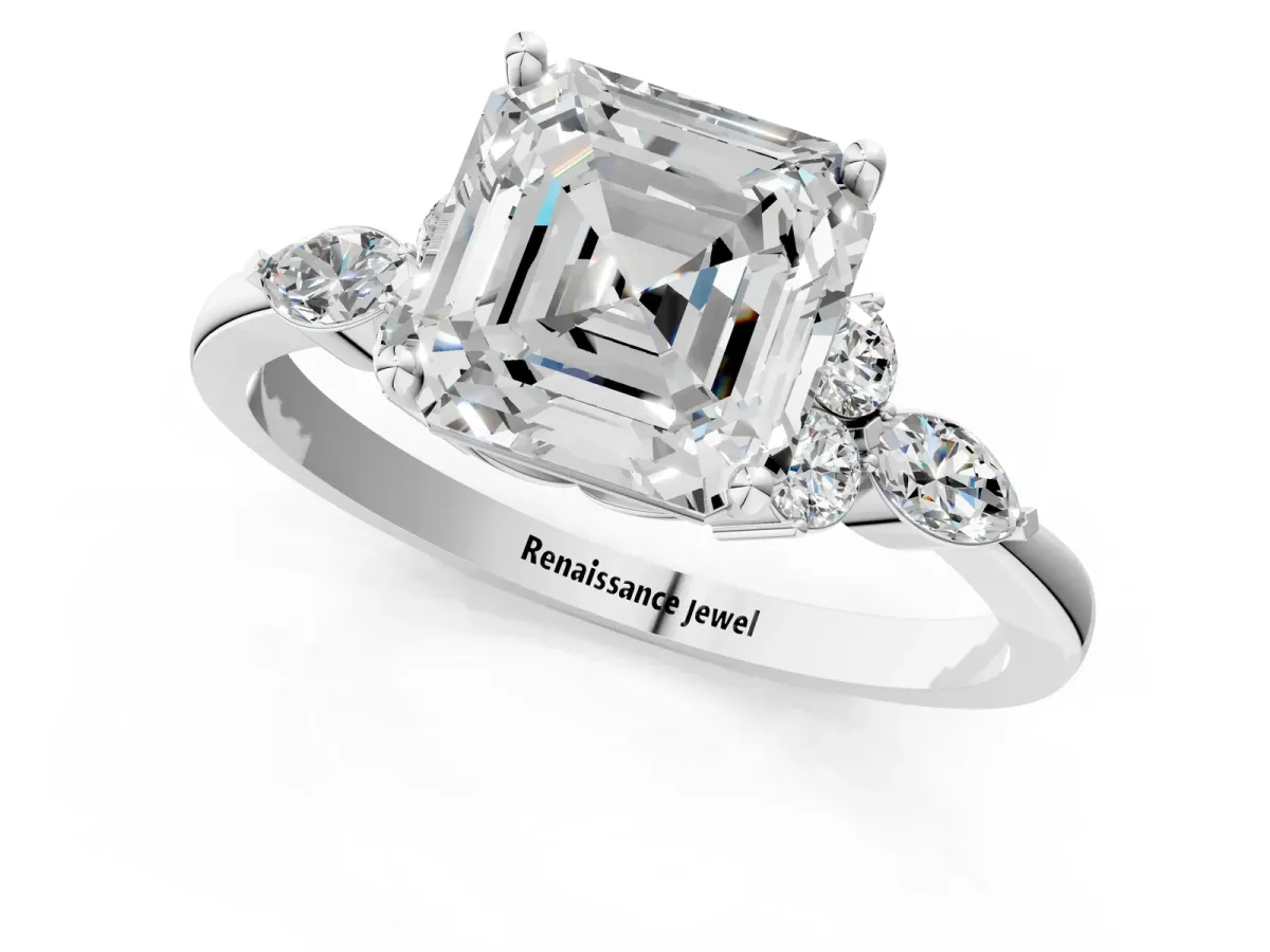 Asscher Cut Brilliant Diamond Solitaire Ring with Pear Side Stones and Four-Prong Setting Platinum