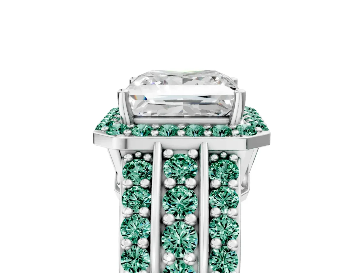Princess Cut Halo Diamond Ring with Round Green Sapphire Split Shank and Prong Setting Silver