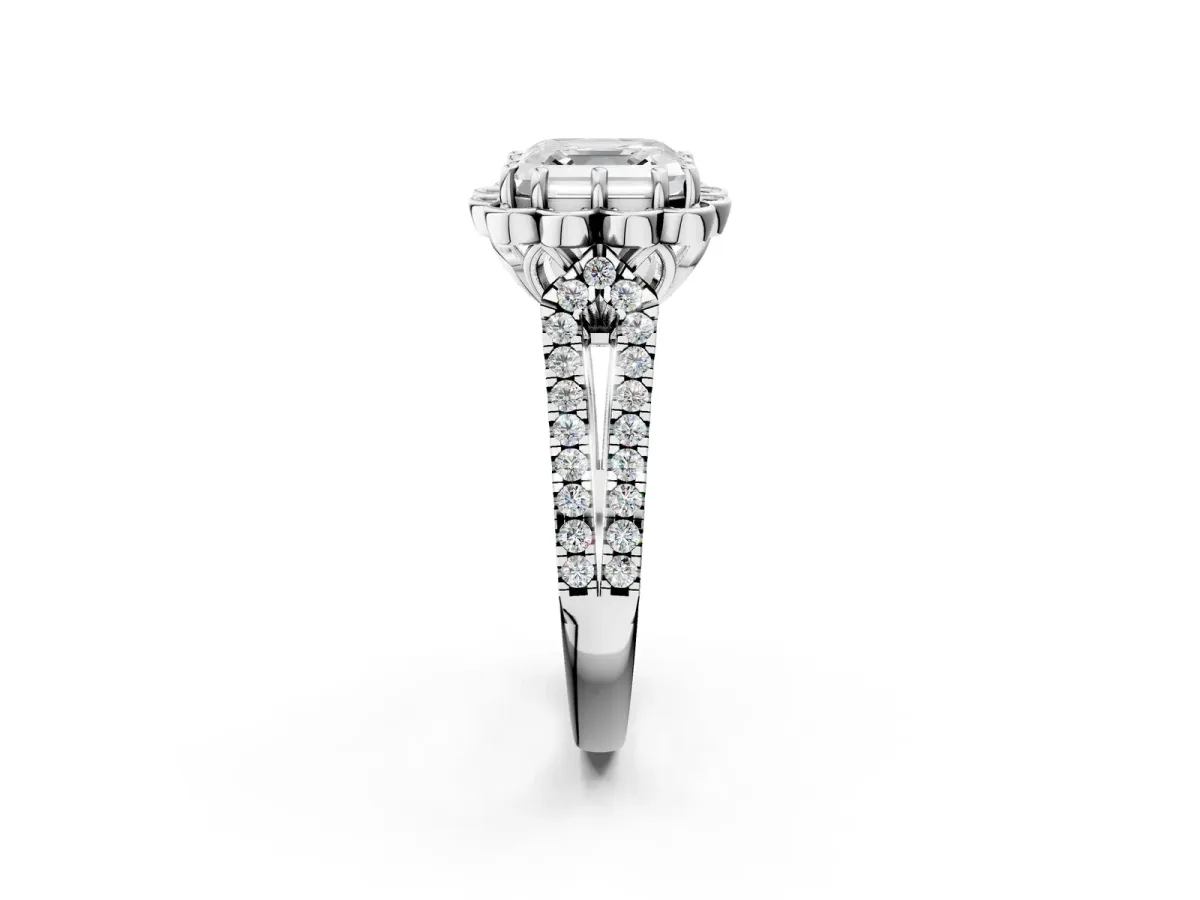 Asscher Cut Halo Diamond Floral Split Shank Engagement Ring Platinum