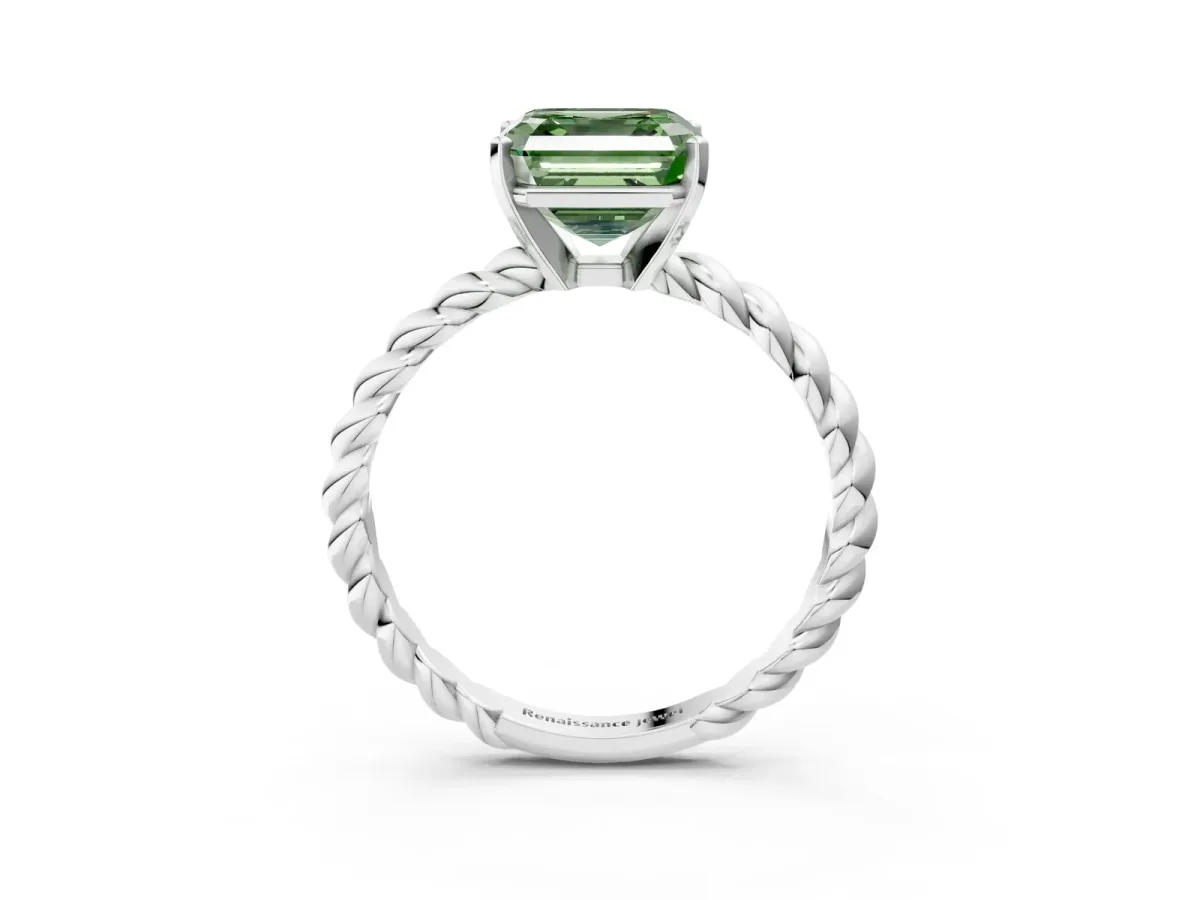 Fancy Green Asscher Cut Cut Solitaire Twisted Band with Four-Prong Setting Platinum