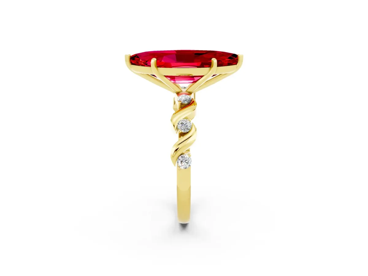 Marquise Cut Ruby Solitaire Twisted Band with Round Accents and Prong Setting Yellow gold