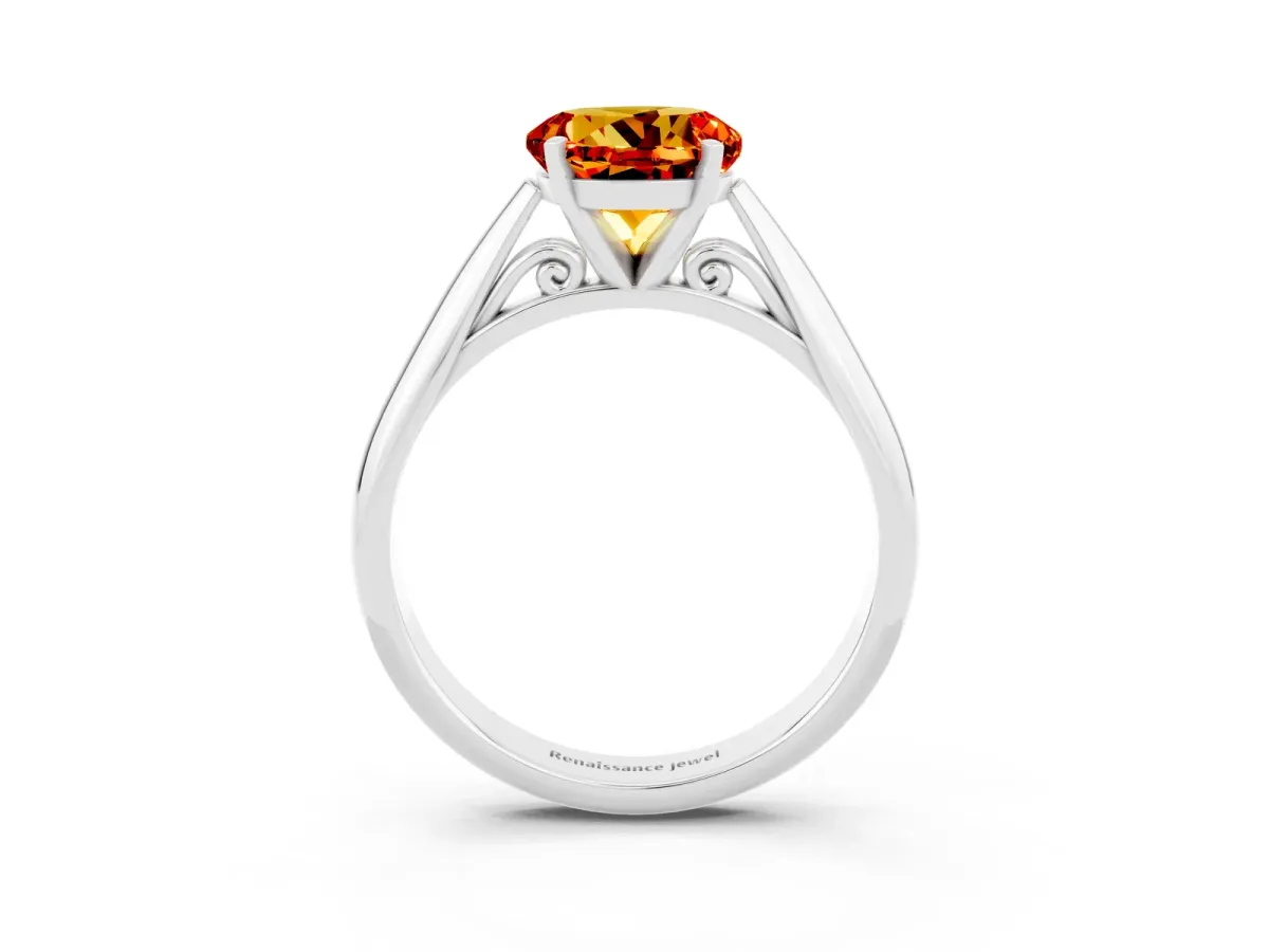 Round Cut Citrine Solitaire Engagement Ring with Cathedral Setting and Four-Prong Mount White gold
