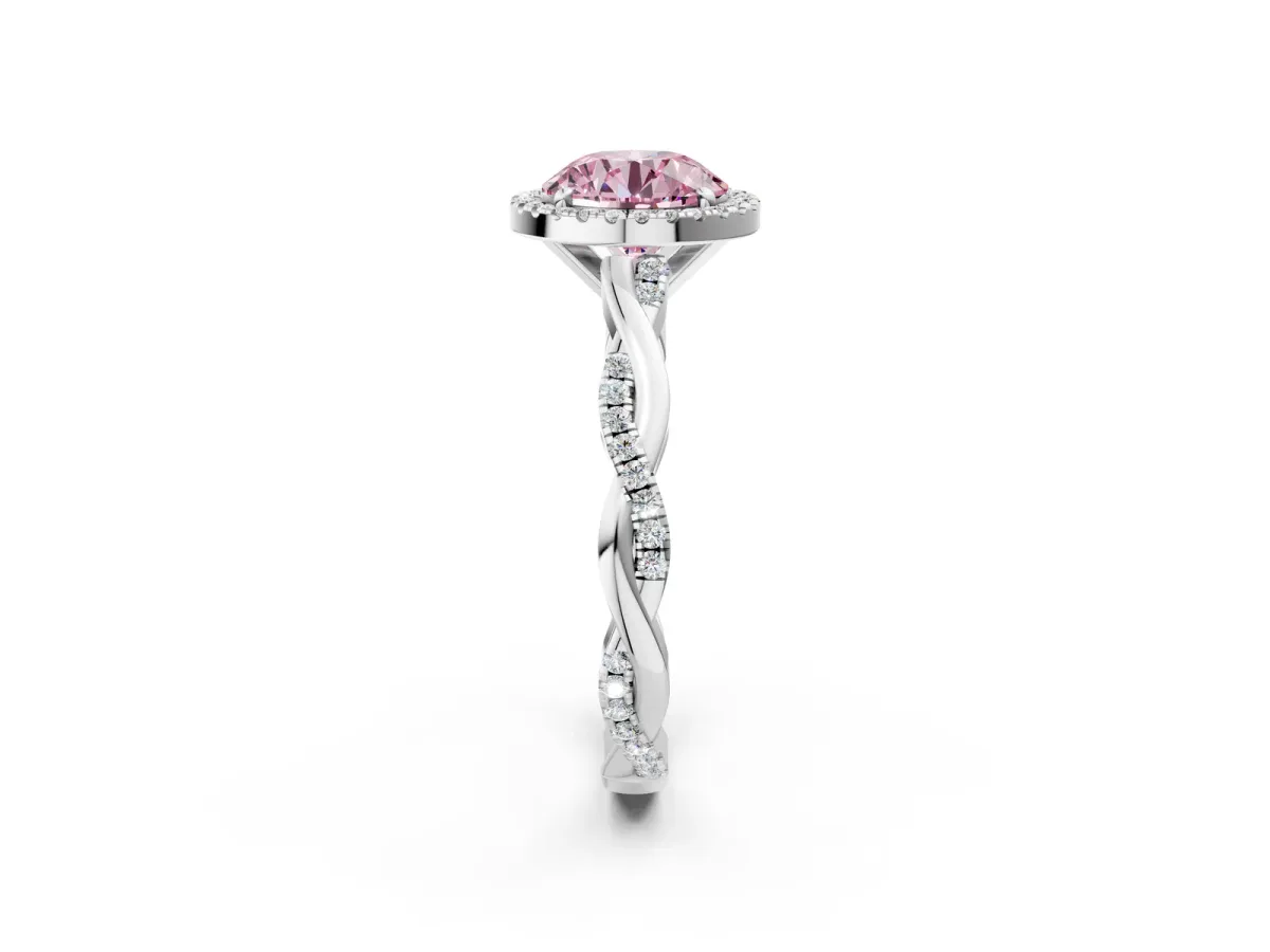 Fancy Pink Round Cut Cut Halo Twisted Band Four-Prong Ring Platinum
