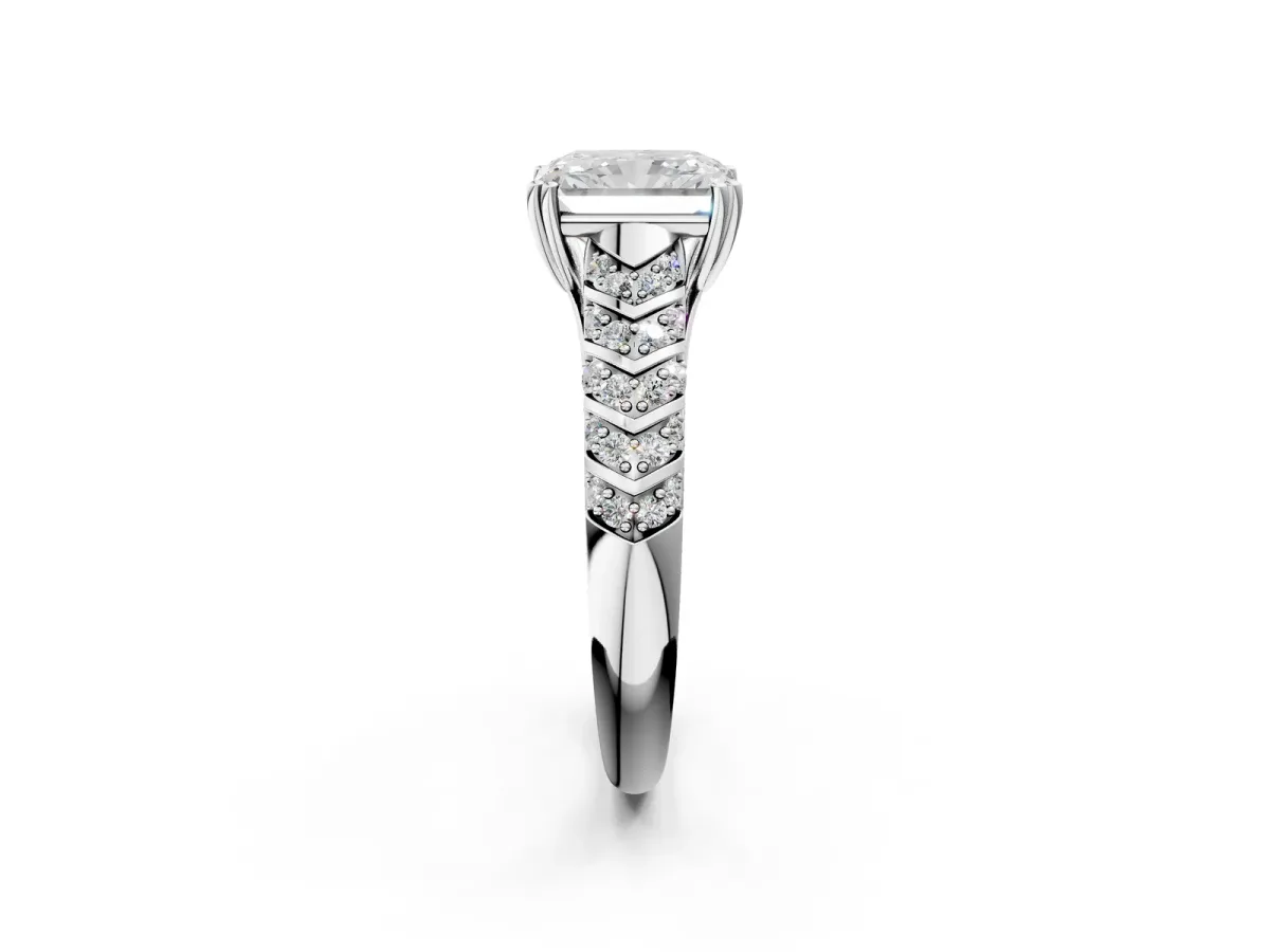 Radiant Cut Solitaire Chevron Pave Diamond Engagement Ring with Six-Prong Setting Platinum