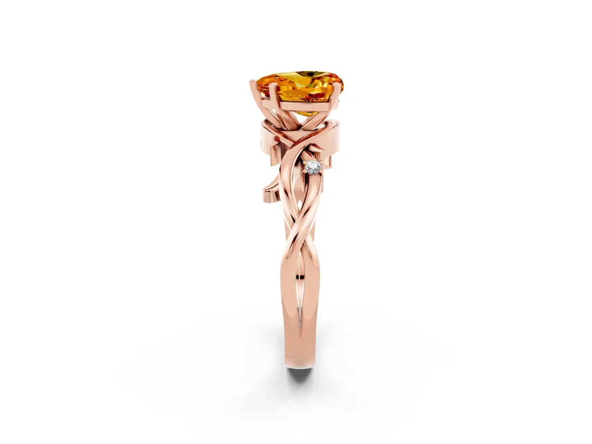 Heart Cut Citrine Solitaire Ring with Twisted Band and Prong Setting Rose gold