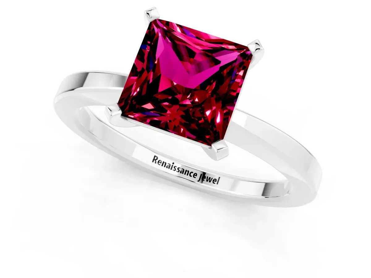 Princess Cut Garnet Solitaire Engagement Ring with Classic Band and Four-Prong Setting Silver