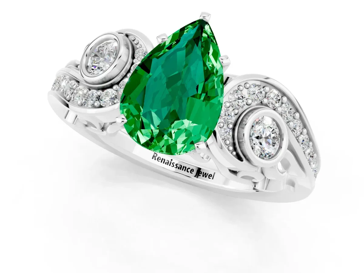 Pear Cut Emerald Solitaire Ring with Milgrain Pavé Band and Four-Prong Setting Platinum