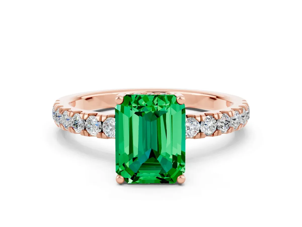 Emerald Cut Emerald Pave Band Solitaire Ring with Round and Prong Setting Rose gold