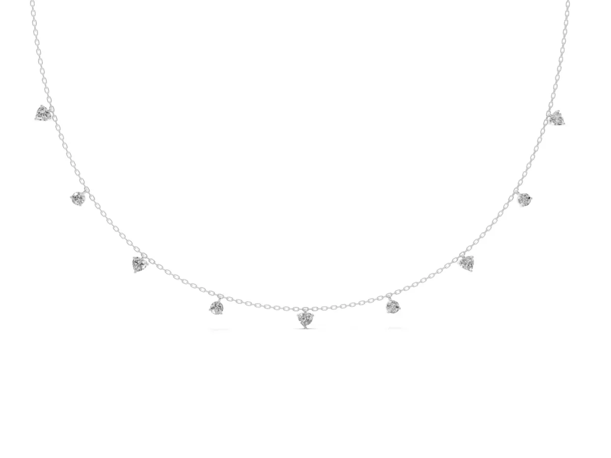 Heart and Round Diamond Station Necklace Silver