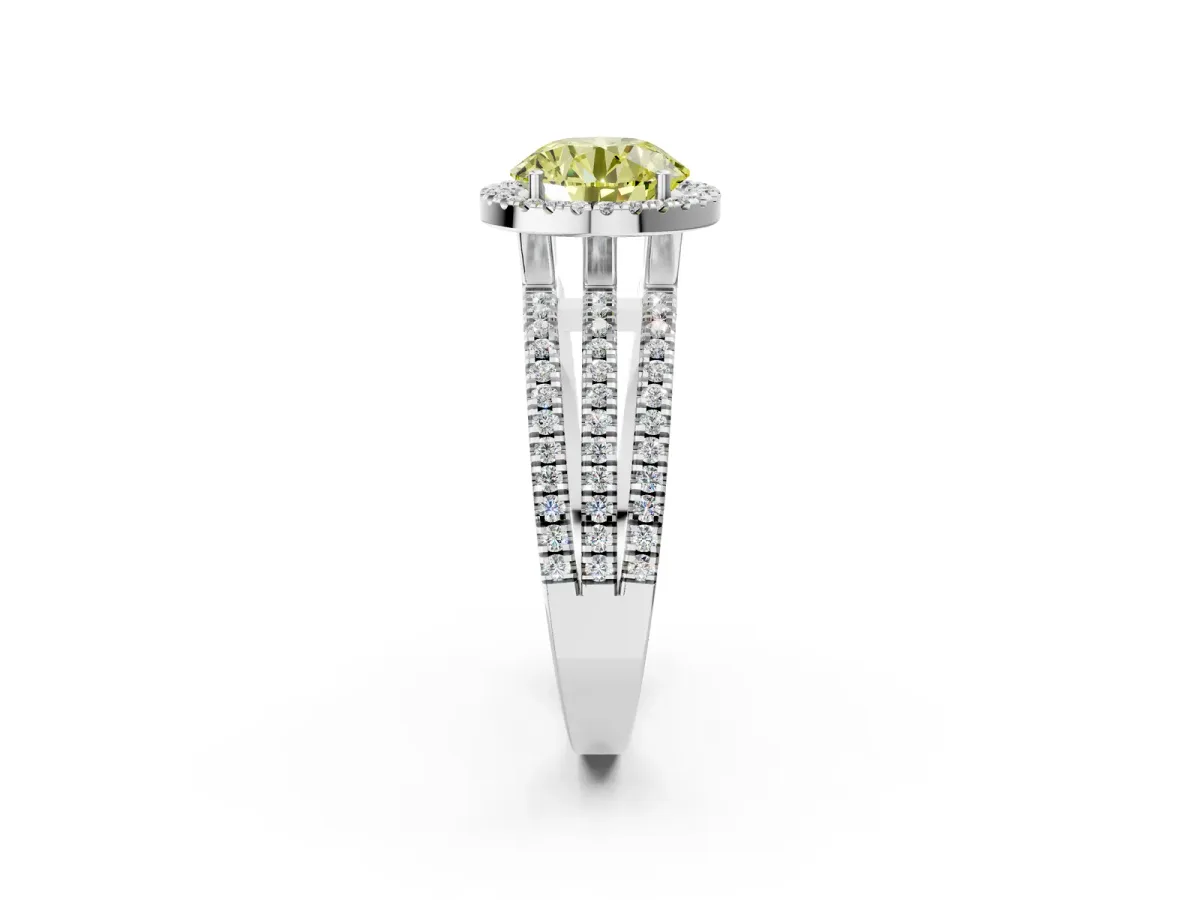 Fancy Yellow Round Cut Diamond Halo Engagement Ring with Split Shank and Four-Prong Setting Platinum