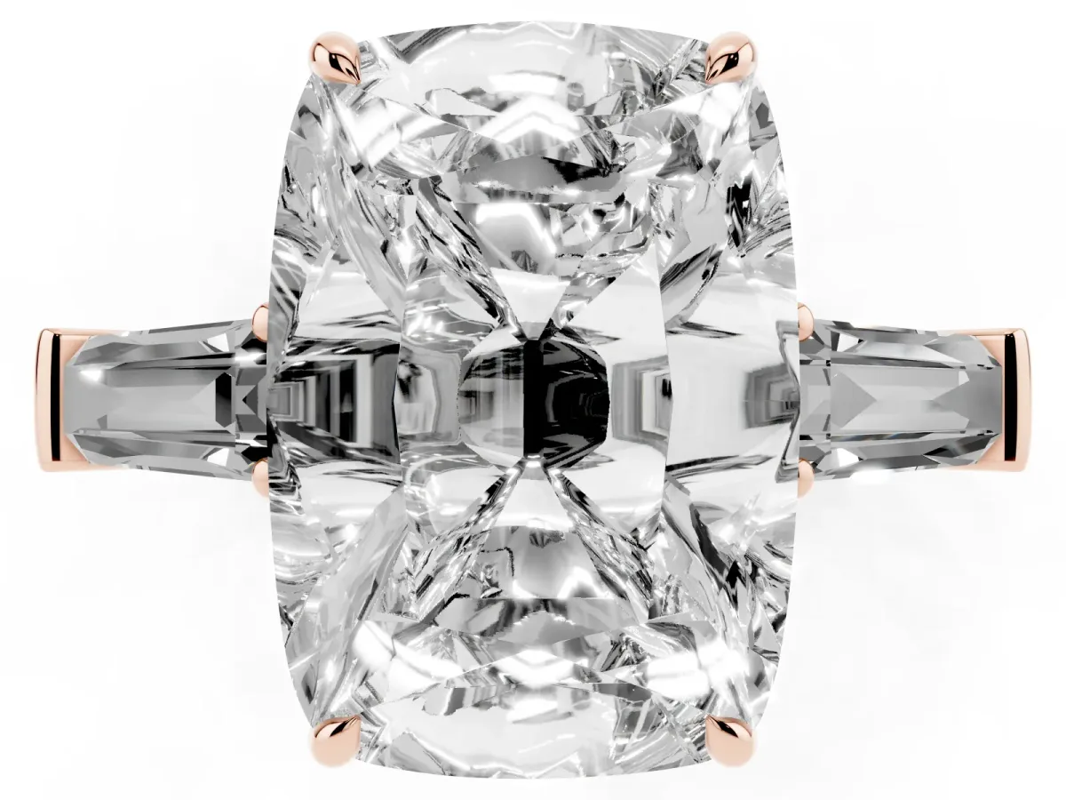 Old Mine Elongated Cushion Diamond with Side Tapered Baguette Three Stone Ring Rose gold