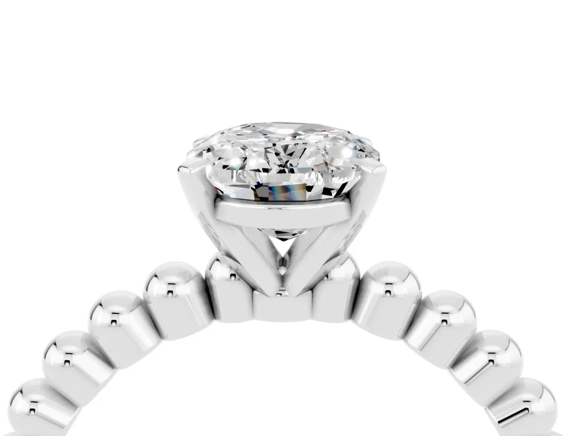 Oval Cut Moissanite Solitaire Ring with Beaded Band and Prong Setting Silver