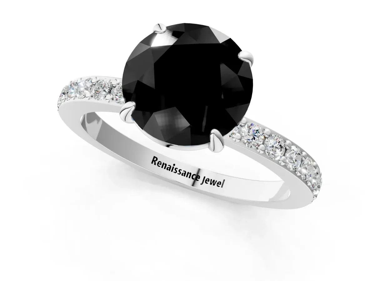 Fancy Black Round Cut Diamond Solitaire Engagement Ring with Pavé Band and Four-Prong Setting Silver
