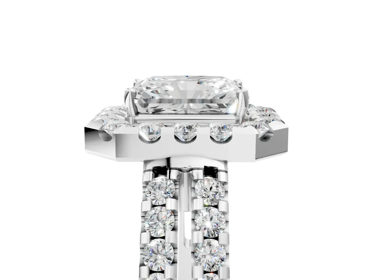 Radiant Cut Halo Diamond Split Shank Engagement Ring with Prong Setting Platinum