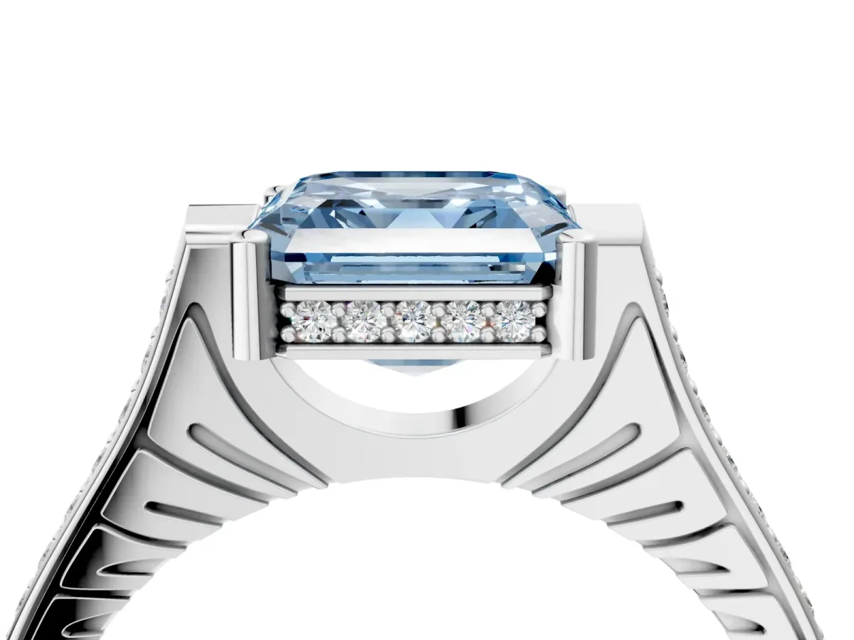 Fancy Blue Asscher Cut Solitaire Diamond Ring with Channel Set Band and Bezel Prong Setting Platinum