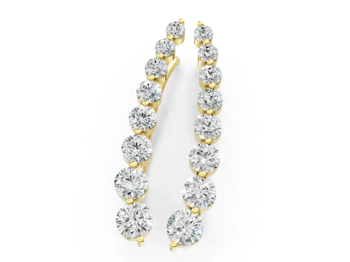 Round Diamond Climber Earrings with Prong Setting on Curved Band Yellow gold