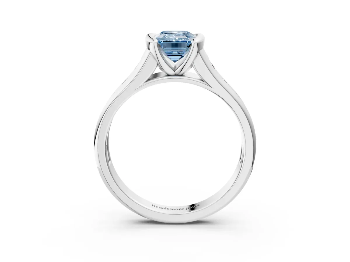 Fancy Blue Emerald Cut Solitaire Bezel-Set Diamond Ring with Channel-Set Band Platinum