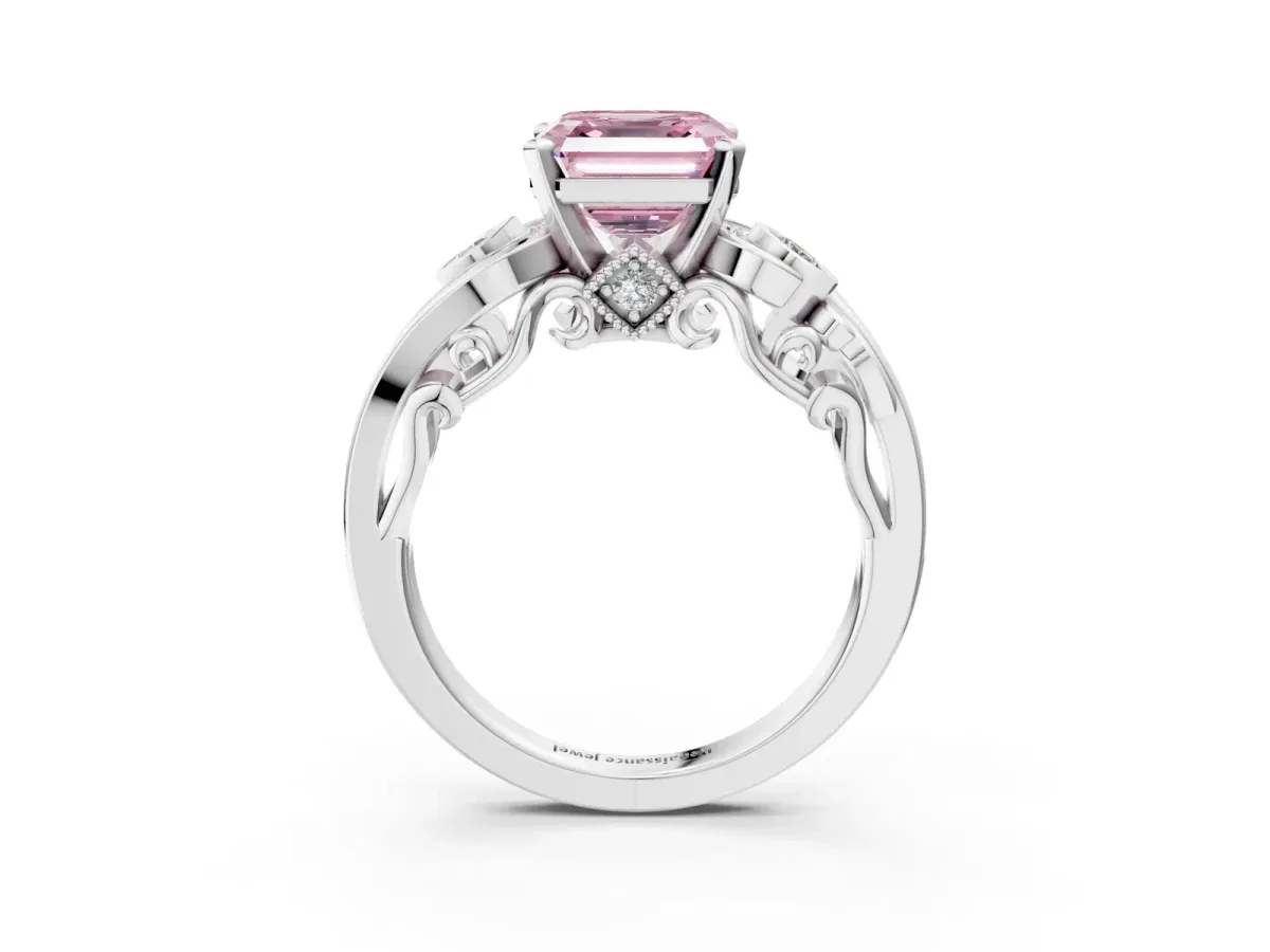 Fancy Pink Asscher Cut Diamond Solitaire Ring with Milgrain Pavé Band and Four-Prong Setting Silver