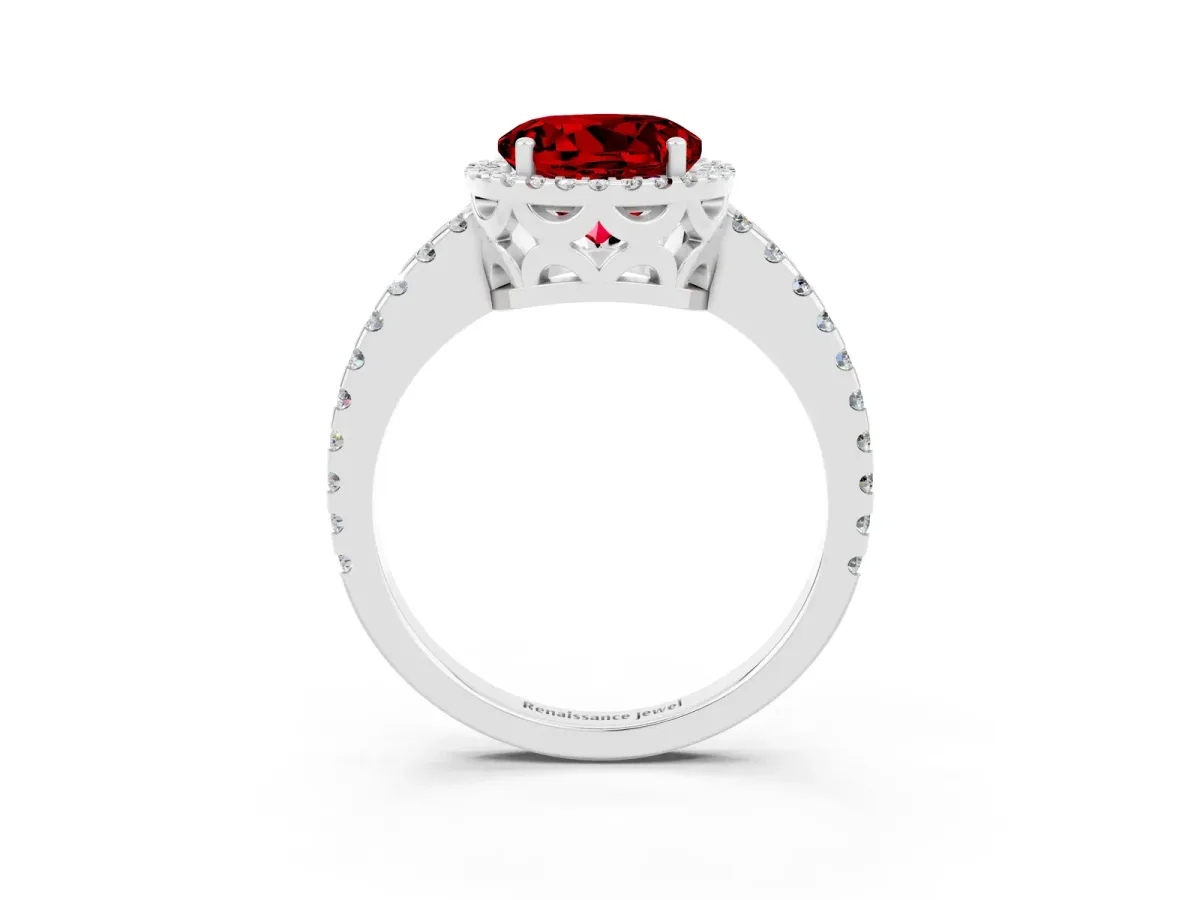 Round Cut Ruby Halo Engagement Ring with Pavé Band and Prong Setting White gold