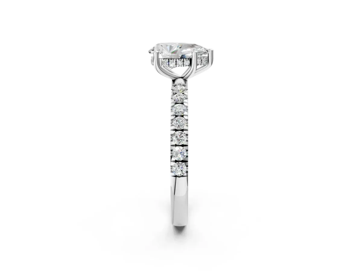 Pear Cut Diamond Pave Band Solitaire Ring with Round Moissanite and Prong Setting Platinum
