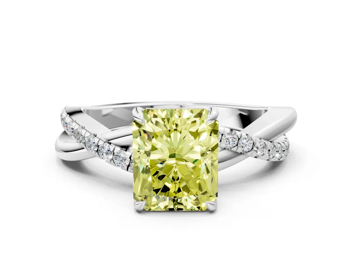 Fancy Yellow Radiant Cut Cut Diamond Twisted Band with Pavé Setting and Four-Prong Setting Platinum