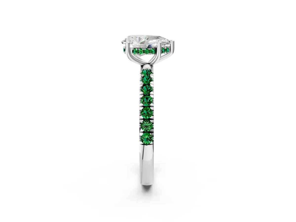Pear Cut Diamond Pave Band Solitaire Ring with Round Emerald and Prong Setting White gold