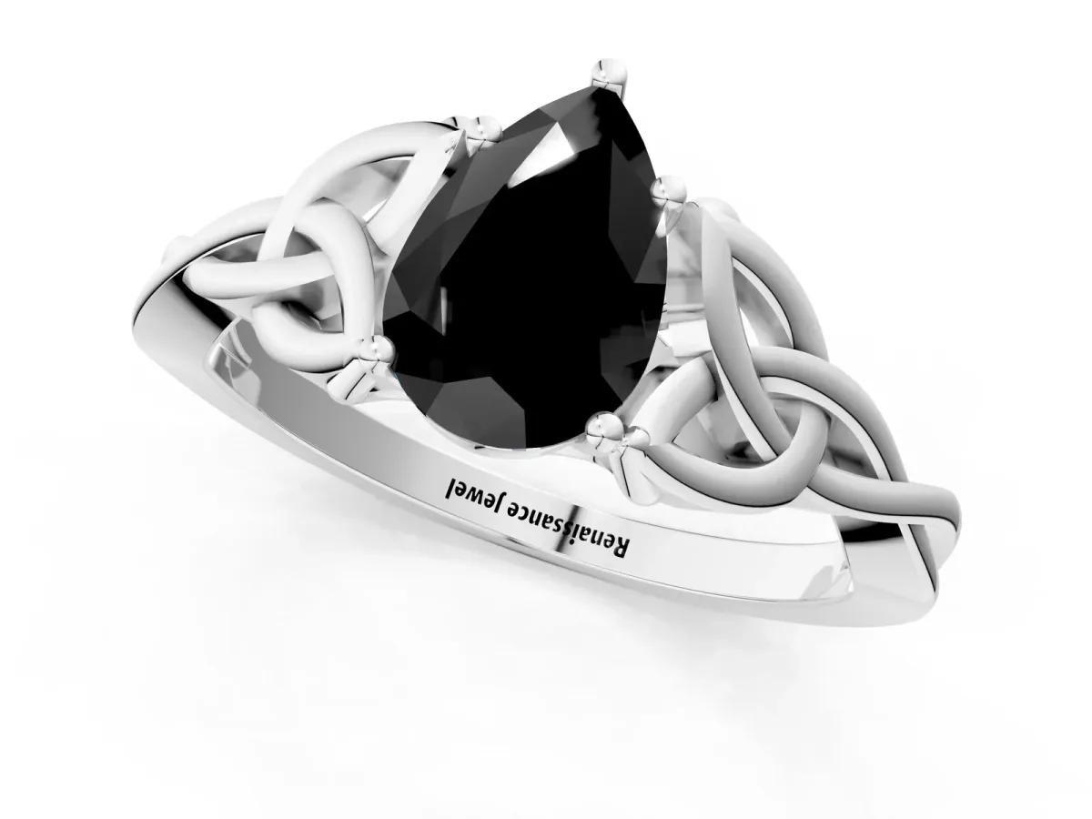 Fancy Black Pear Cut Diamond Solitaire Engagement Ring with Celtic Knot Band and Four-Prong Setting Silver