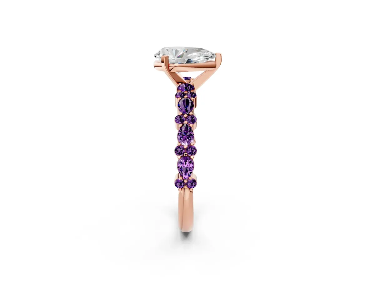 Pear Cut Diamond Side Stone Solitaire Ring with Round Amethyst and Four-Prong Setting Rose gold