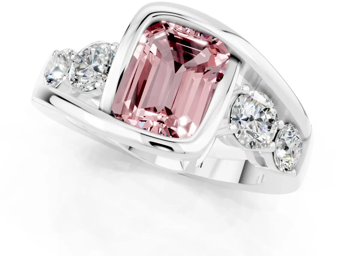 Bezel Set Emerald Cut Morganite Bypass Ring with Round Accents Silver