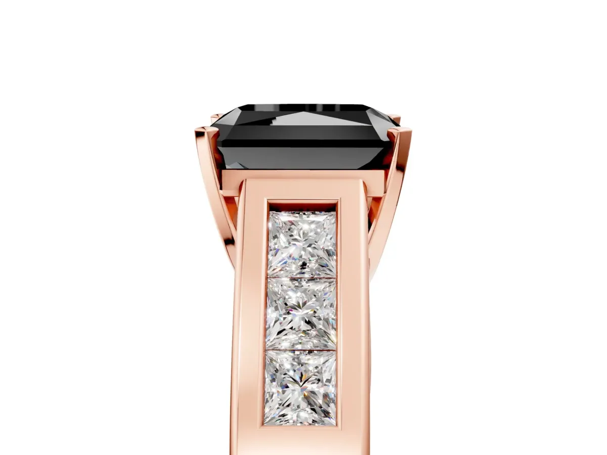Fancy Black Radiant Cut Cut Channel Set Solitaire Ring with Four-Prong Setting Rose gold