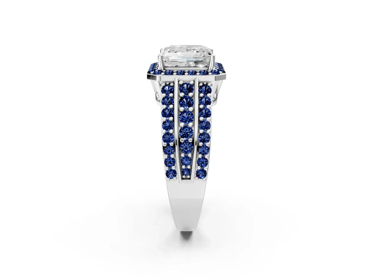Princess Cut Halo Diamond Ring with Round Blue Sapphire Split Shank and Prong Setting Silver