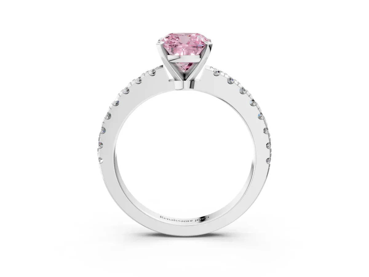 Fancy Pink Cushion Cut Solitaire Diamond with Pavé Band and Four-Prong Setting Silver