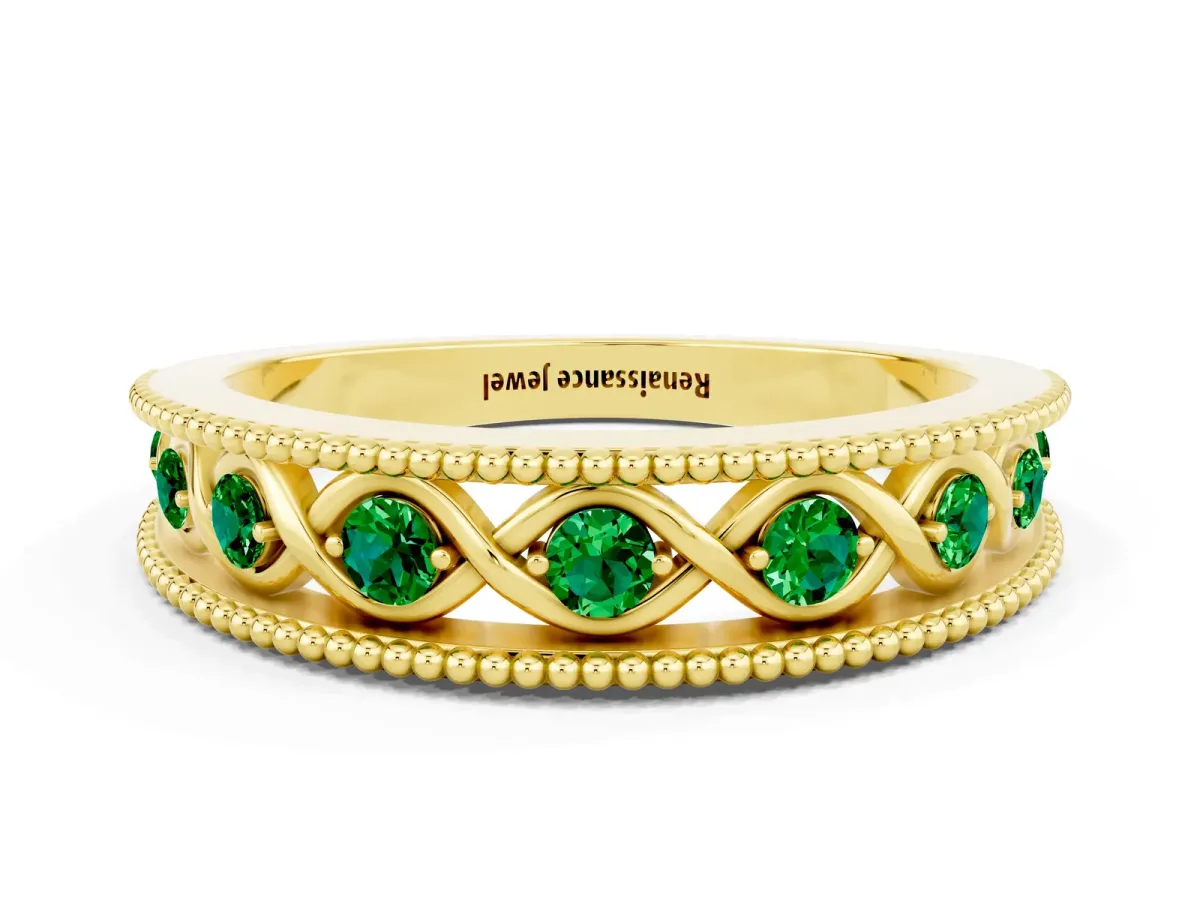 Round Emerald Twist Milgrain Band with Bezel Setting Yellow gold