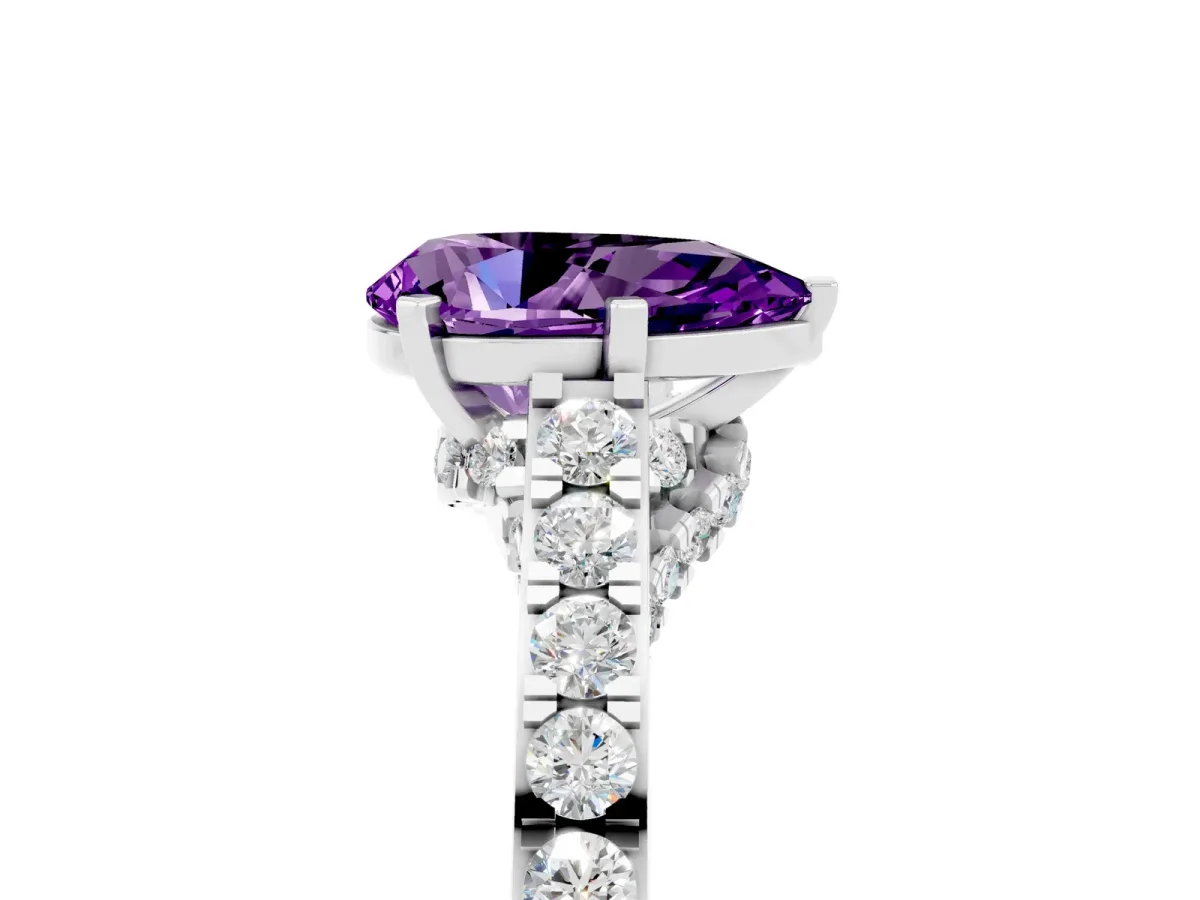Pear Cut Amethyst Solitaire Ring with Crossover Gallery and Round Pavé Band Silver
